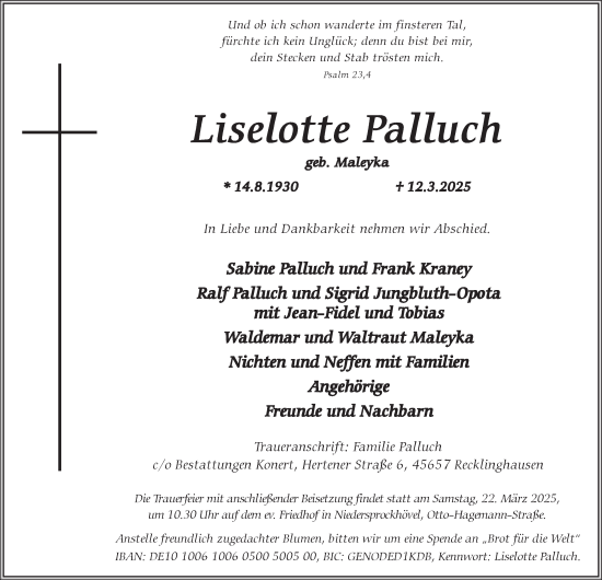 Traueranzeige von Liselotte Palluch von Tageszeitung