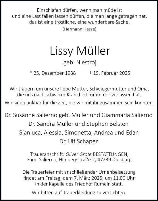 Traueranzeige von Lissy Müller von Tageszeitung