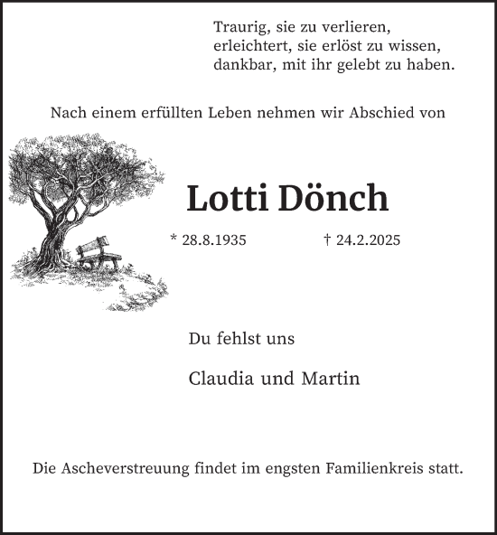 Traueranzeige von Lotti Dönch von Tageszeitung