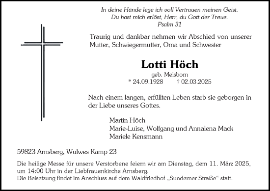 Traueranzeige von Lotti Höch von Tageszeitung