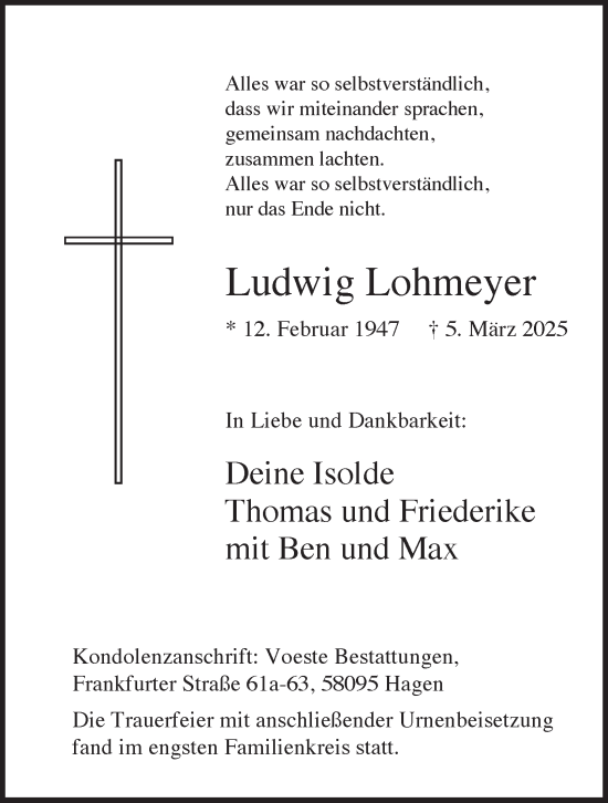 Traueranzeige von Ludwig Lohmeyer von Tageszeitung