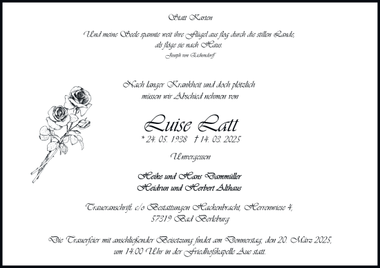 Traueranzeige von Luise Latt von Tageszeitung