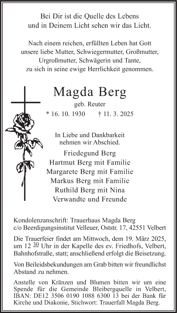 Traueranzeige für Magda Berg vom 15.03.2025 aus Tageszeitung