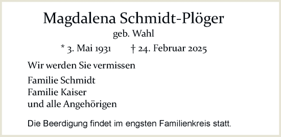 Traueranzeige von Magdalena Schmidt-Plöger von Tageszeitung