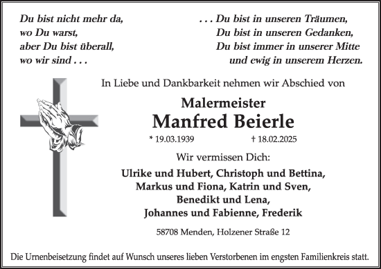 Traueranzeige von Manfred Beierle von Tageszeitung