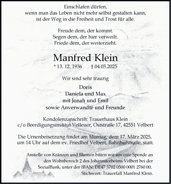 Traueranzeige von Manfred Klein von Tageszeitung