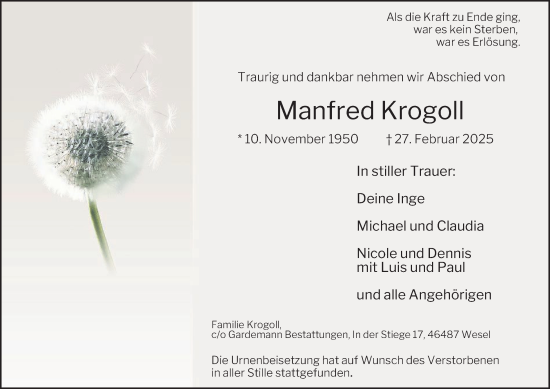 Traueranzeige von Manfred Krogoll von Tageszeitung