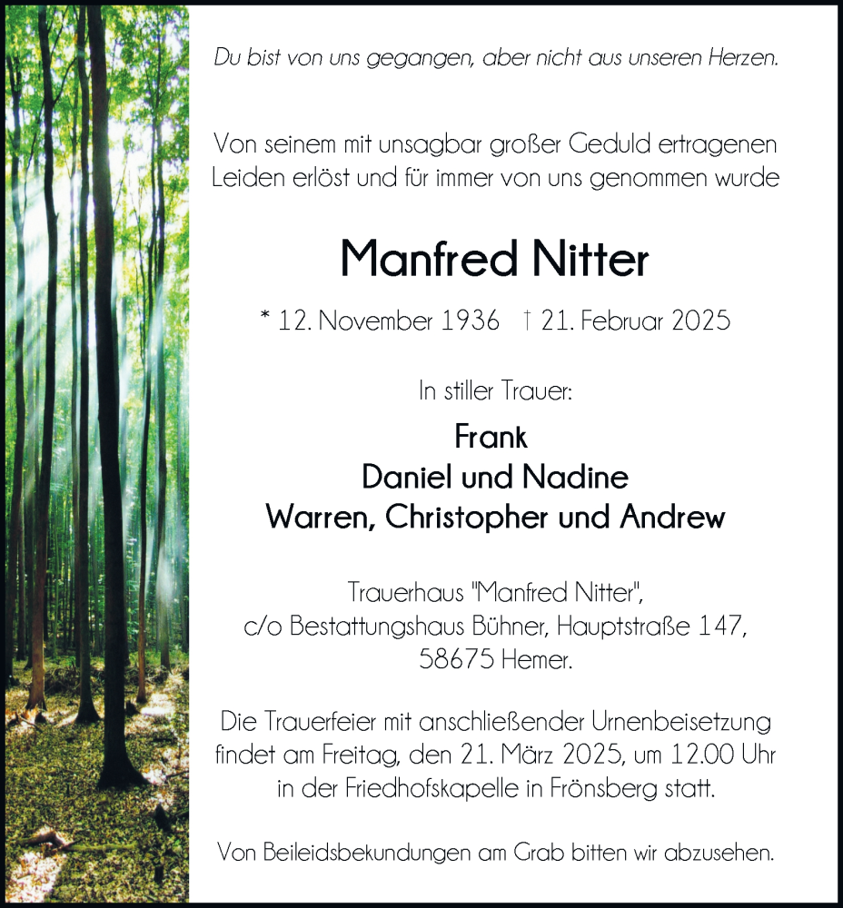  Traueranzeige für Manfred Nitter vom 15.03.2025 aus Tageszeitung