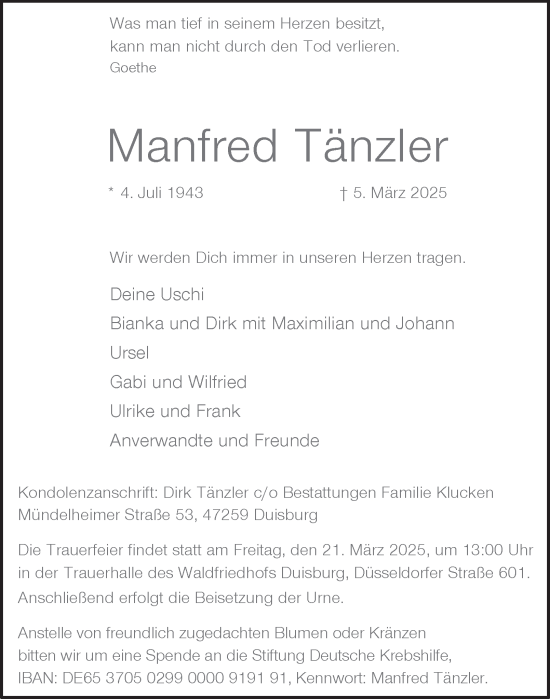 Traueranzeige von Manfred Tänzler von Tageszeitung