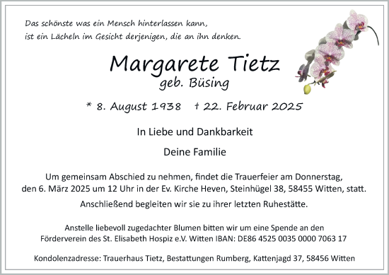Traueranzeige von Margarete Tietz von Tageszeitung