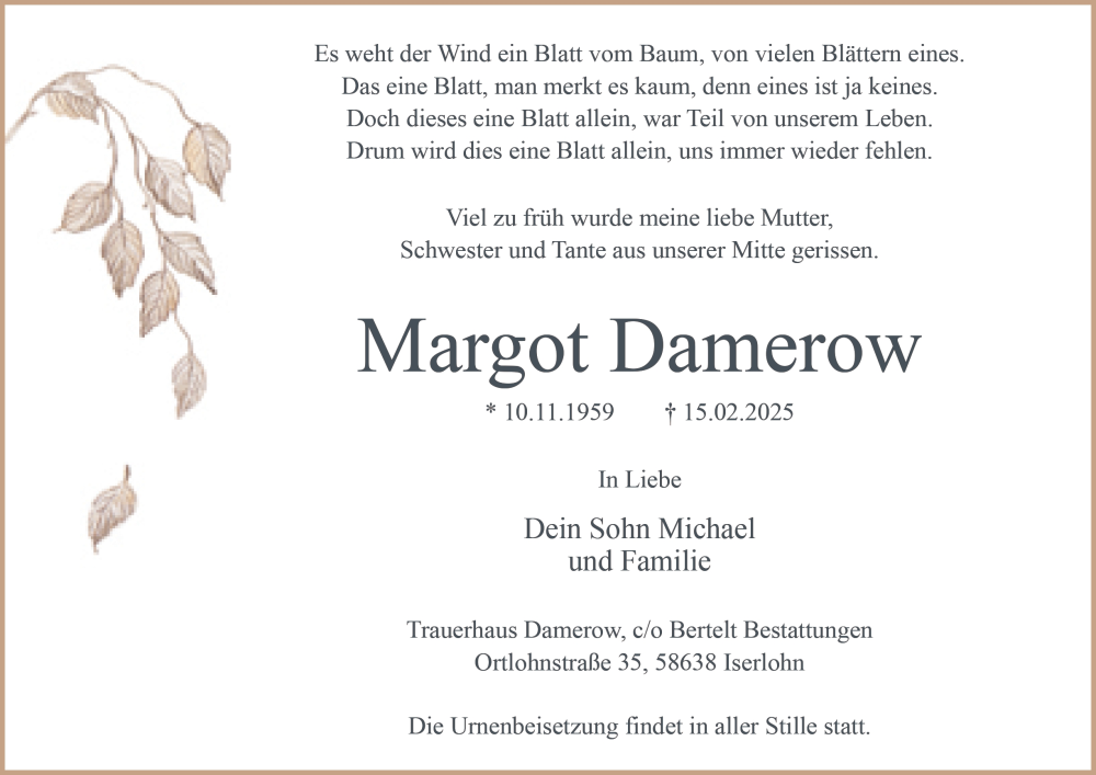  Traueranzeige für Margot Damerow vom 01.03.2025 aus Tageszeitung