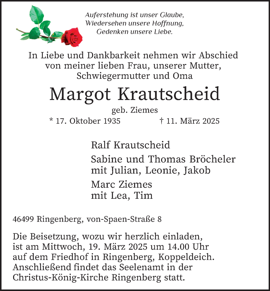 Traueranzeige für Margot Krautscheid vom 15.03.2025 aus Tageszeitung