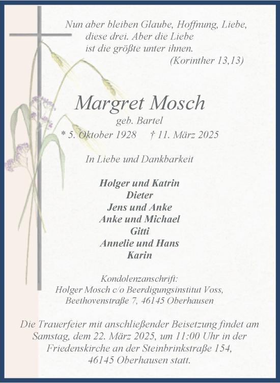 Traueranzeige von Margret Mosch von Tageszeitung
