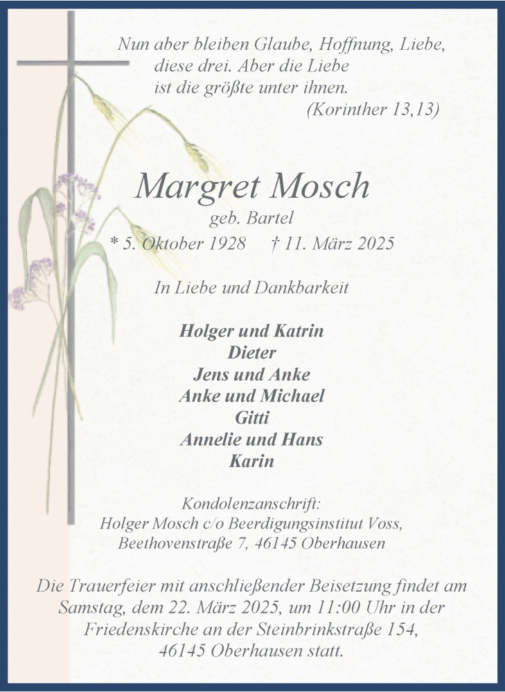  Traueranzeige für Margret Mosch vom 22.03.2025 aus Tageszeitung