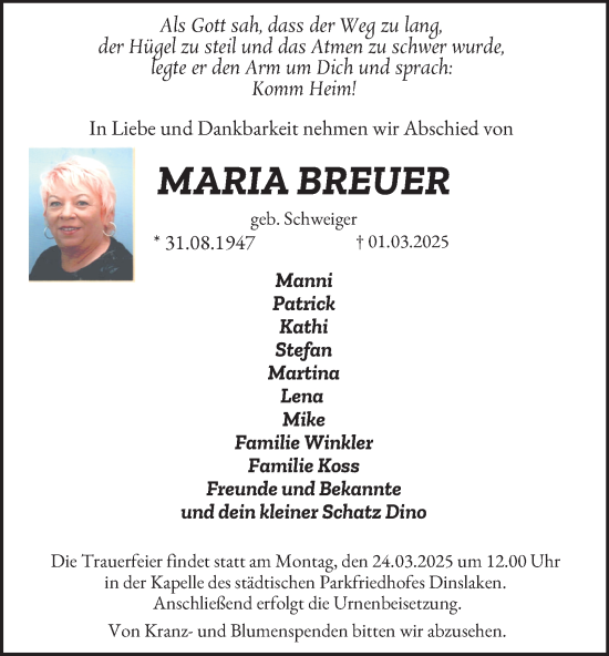 Traueranzeige von Maria Breuer von Tageszeitung