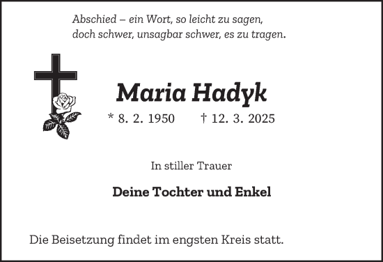 Traueranzeige von Maria Hadyk von Tageszeitung