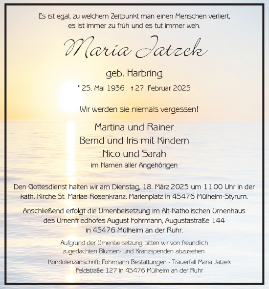 Traueranzeige von Maria Jatzek von Tageszeitung