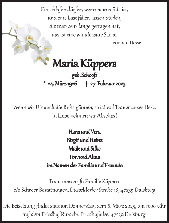 Traueranzeige von Maria Küppers von Tageszeitung