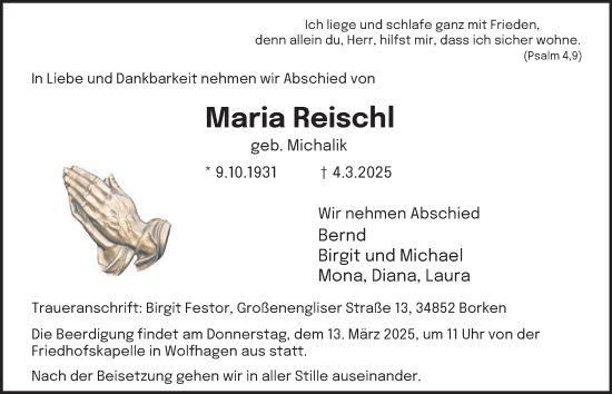 Traueranzeige von Maria Reischl von Tageszeitung