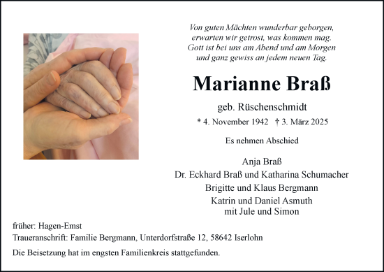 Traueranzeige von Marianne Braß von Tageszeitung