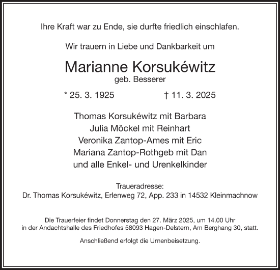 Traueranzeige von Marianne Korsukéwitz von Tageszeitung