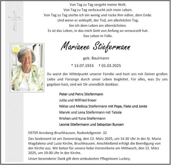 Traueranzeige von Marianne Stiefermann von Tageszeitung