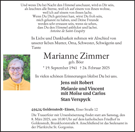 Traueranzeige von Marianne Zimmer von Tageszeitung