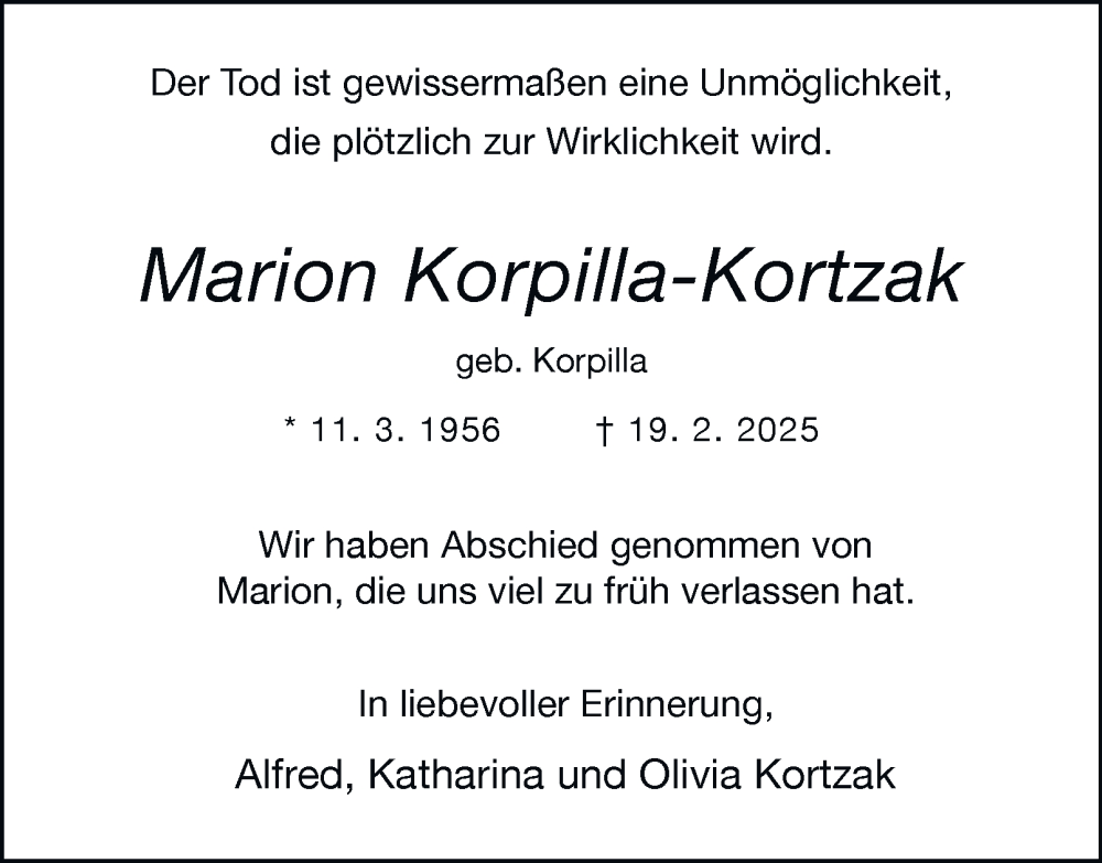  Traueranzeige für Marion Korpilla-Kortzak vom 08.03.2025 aus Tageszeitung