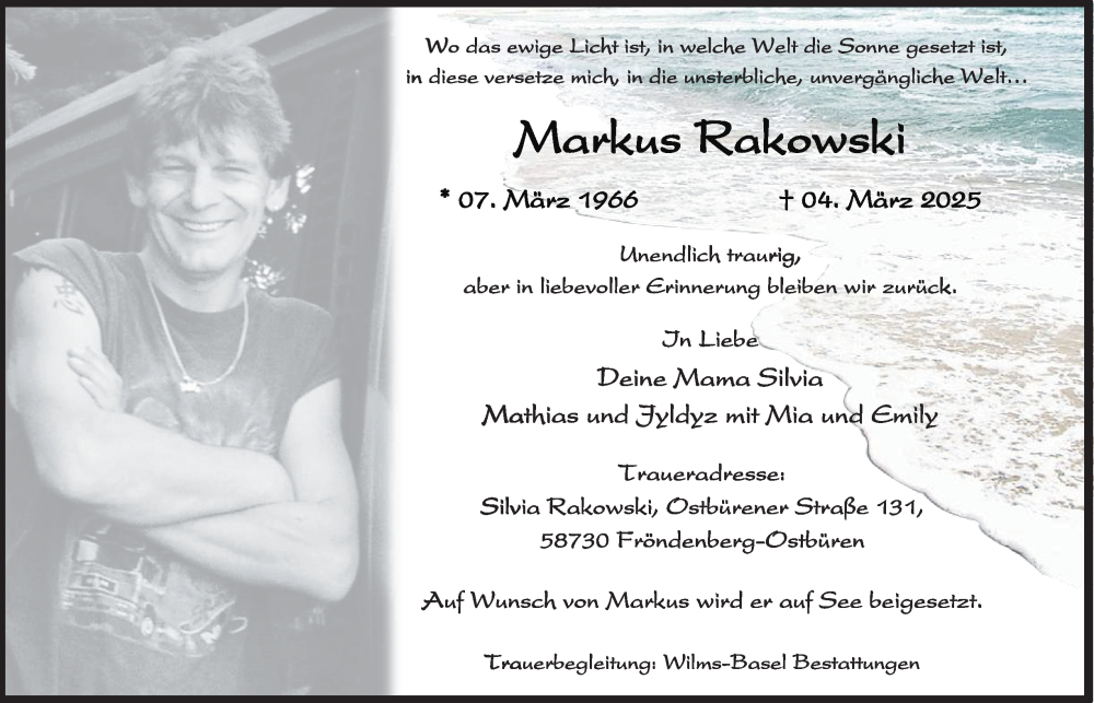  Traueranzeige für Markus Rakowski vom 15.03.2025 aus Tageszeitung