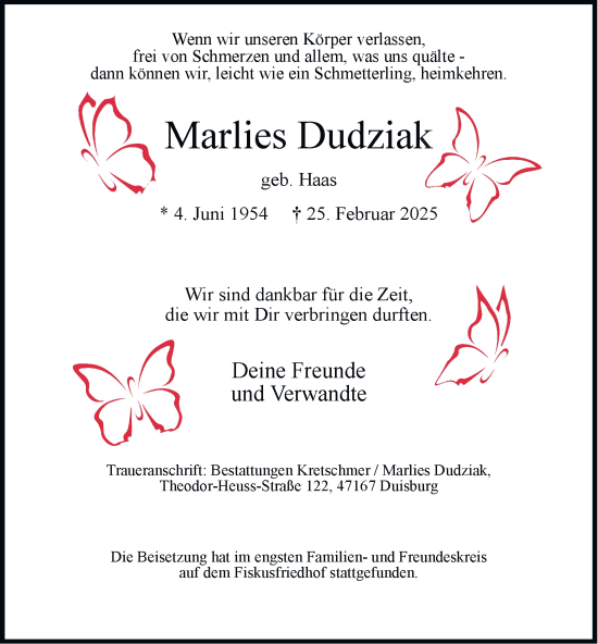 Traueranzeige von Marlies Dudziak von Tageszeitung