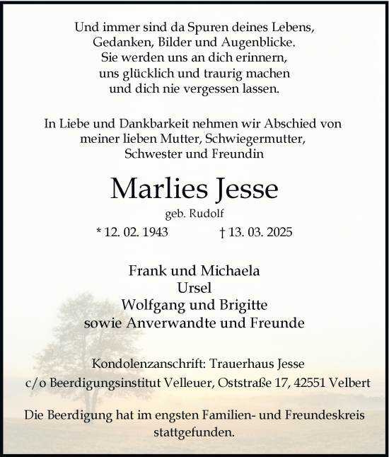 Traueranzeige von Marlies Jesse von Tageszeitung