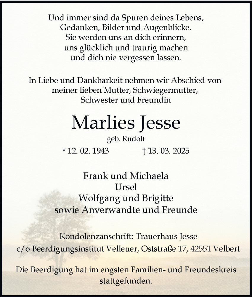  Traueranzeige für Marlies Jesse vom 22.03.2025 aus Tageszeitung