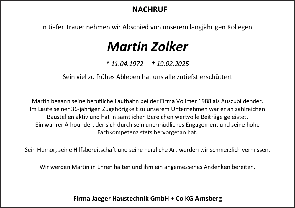  Traueranzeige für Martin Zolker vom 12.03.2025 aus Tageszeitung