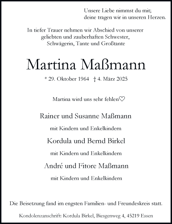 Traueranzeige von Martina Maßmann von Tageszeitung