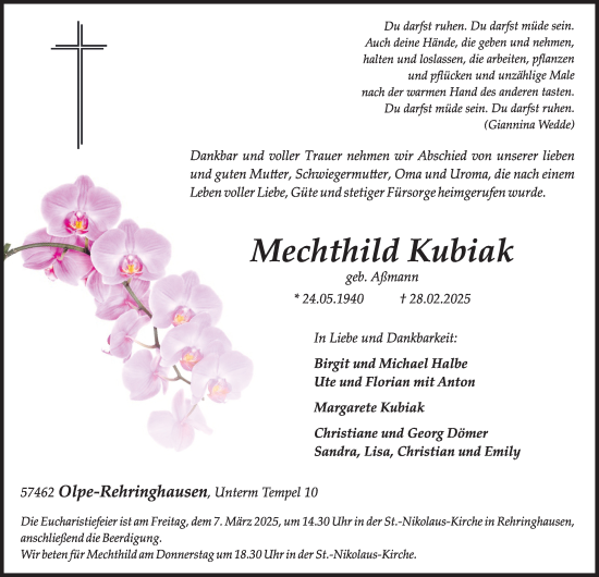 Traueranzeige von Mechthild Kubiak von Tageszeitung