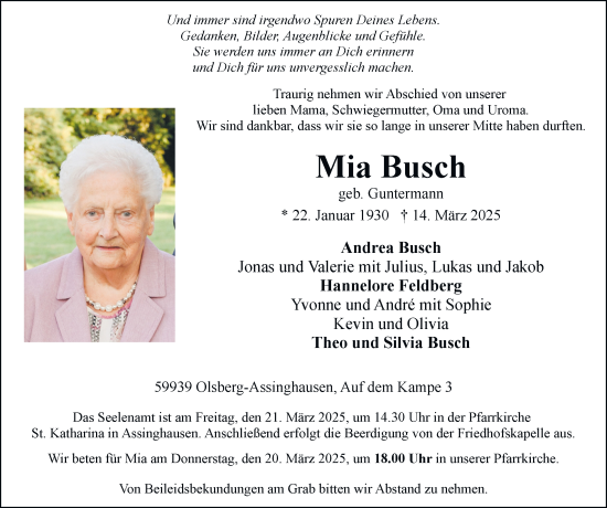 Traueranzeige von Mia Busch von Tageszeitung