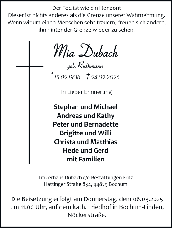 Traueranzeige von Mia Dubach von Tageszeitung