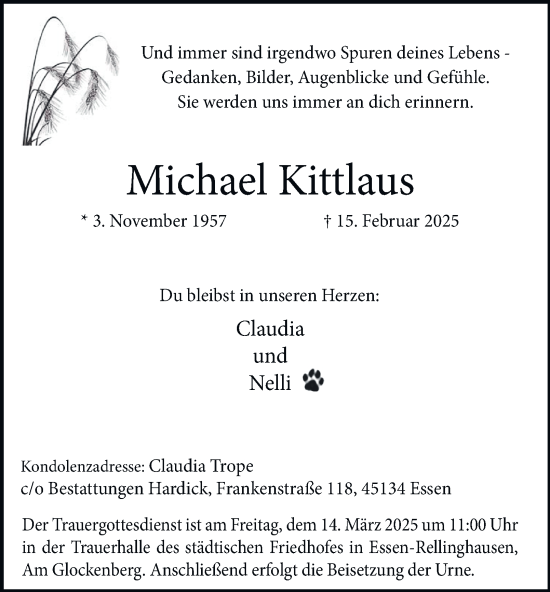 Traueranzeige von Michael Kittlaus von Tageszeitung