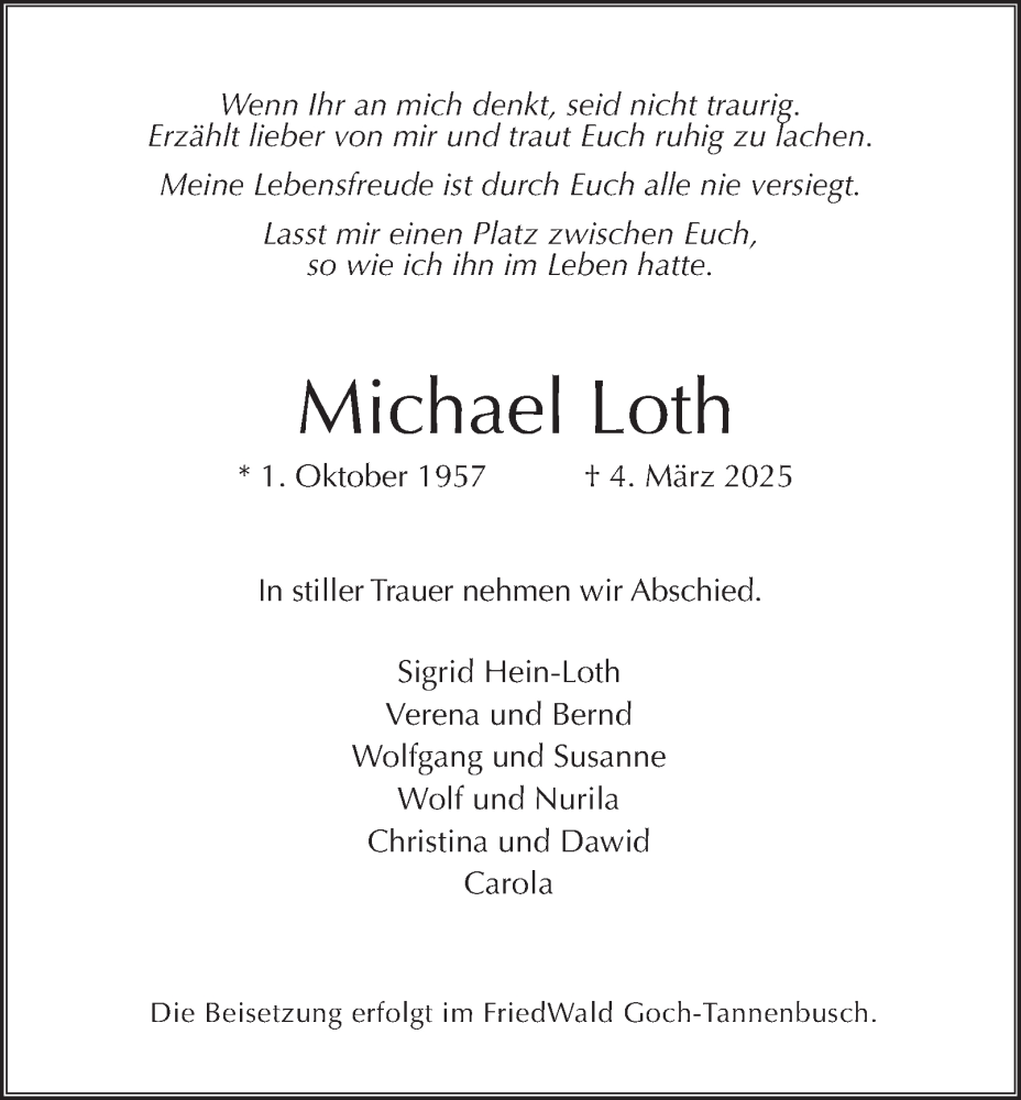  Traueranzeige für Michael Loth vom 29.03.2025 aus Tageszeitung