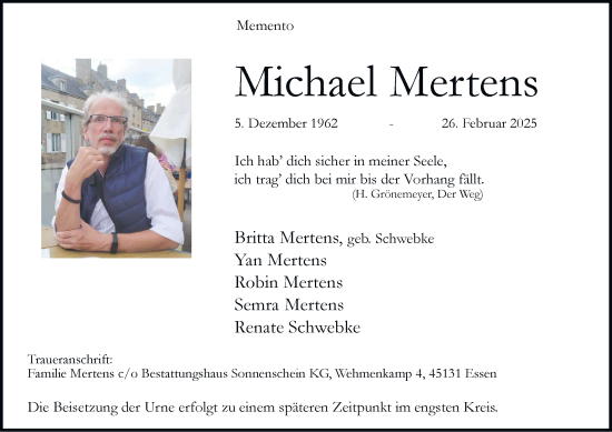 Traueranzeige von Michael Mertens von Tageszeitung