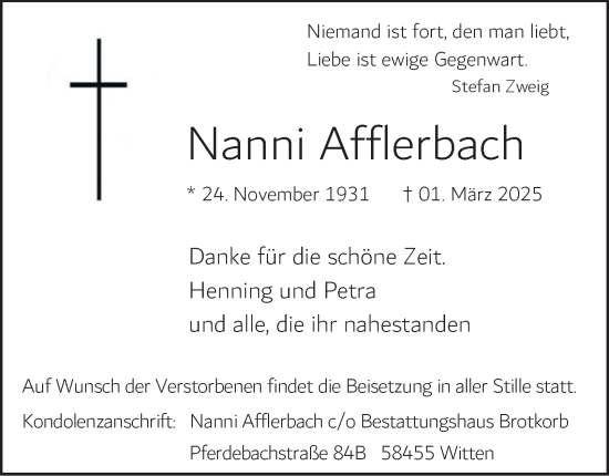 Traueranzeige von Nanni Afflerbach von Tageszeitung