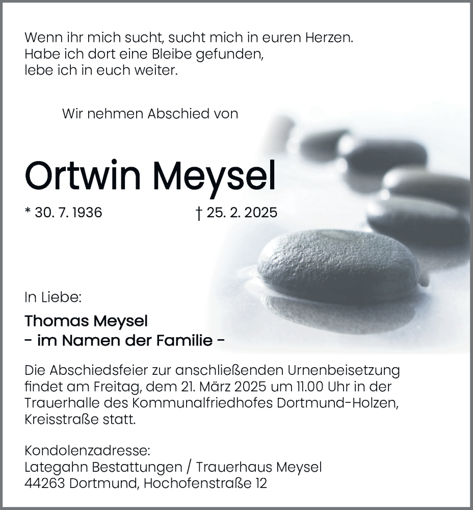  Traueranzeige für Ortwin Meysel vom 15.03.2025 aus Tageszeitung