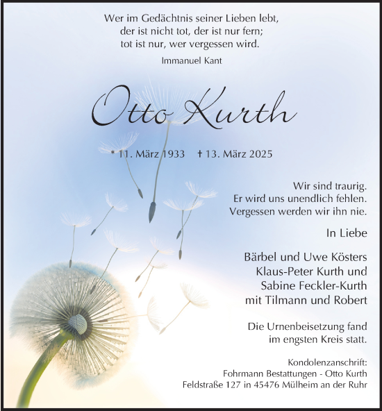 Traueranzeige von Otto Kurth von Tageszeitung