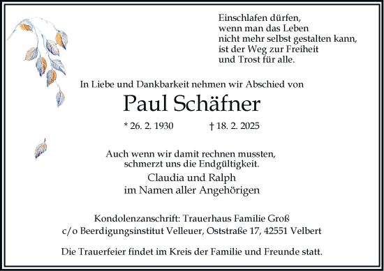 Traueranzeige von Paul Schäfner von Tageszeitung