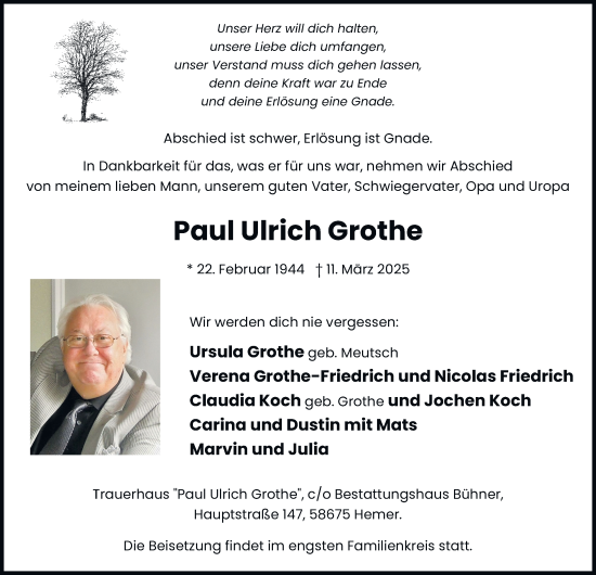 Traueranzeige von Paul Ulrich Grothe von Tageszeitung