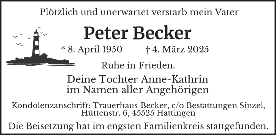 Traueranzeige von Peter Becker von Tageszeitung