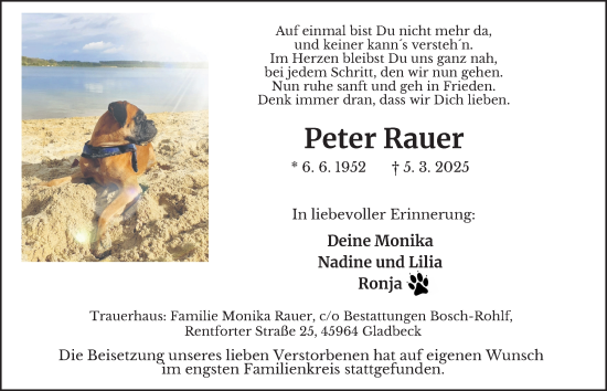 Traueranzeige von Peter Rauer von Tageszeitung