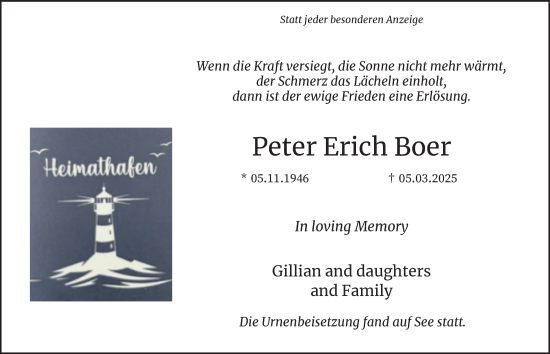 Traueranzeige von Peter Erich Boer von Tageszeitung