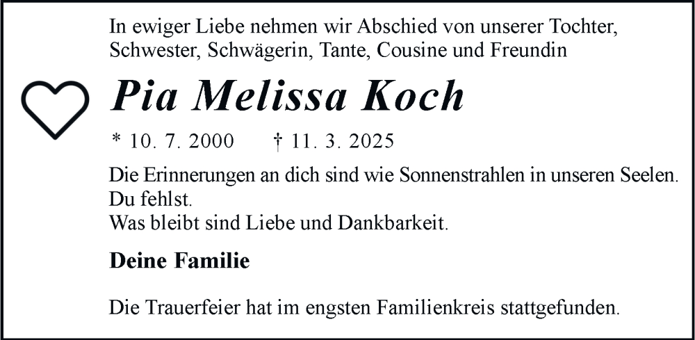  Traueranzeige für Pia Melissa Koch vom 22.03.2025 aus Tageszeitung
