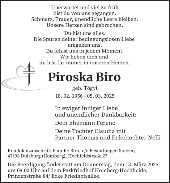 Traueranzeige von Piroska Biro von Tageszeitung